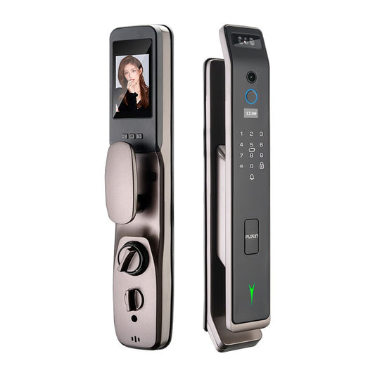 普鑫Q26款3D人脸识别全自动指纹锁家用电子门锁密码智能锁 摩卡金猫眼款